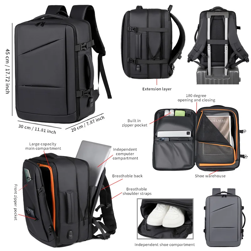 

Мужской рюкзак с функцией расширения, большой вместимости, многофункциональный деловой рюкзак, подходящий для коротких деловых поездок.