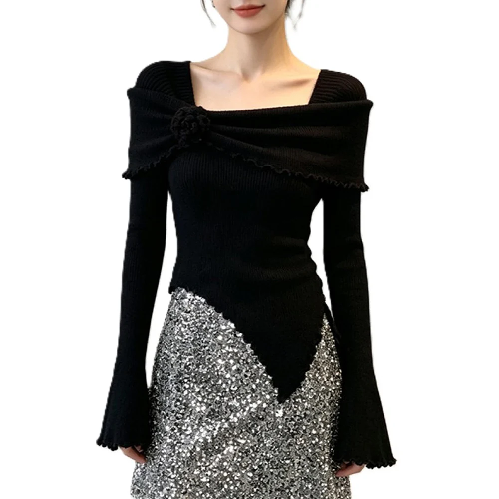 Long Sleeve Solid Color Knit For Top for Women with Floral Detail Regular Length Suitable for Beach Vacation Office and Cycling