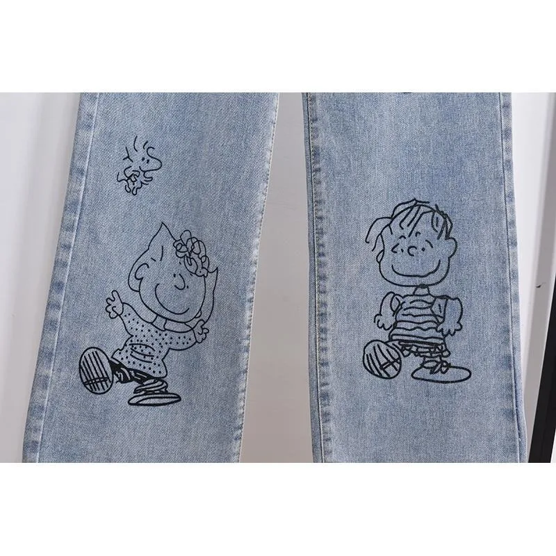 Kawaii Snoopy cartoon printed wide leg jeans for women autumn new high waist loose straight trousers surprise gift wholesale