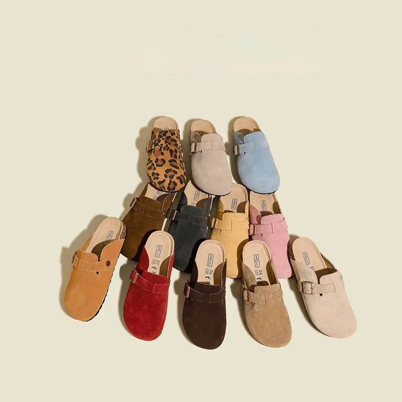 

Women Cork Sole Clogs Flat Genuine Leather Mules Closed Toe Half Slippers Spring Autumn Casual Slip On Shoes Comfort Footwear