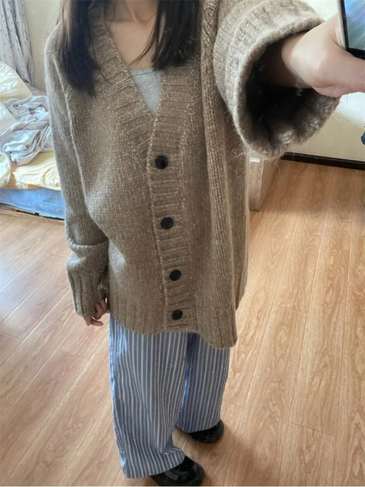 

Кардиган женский повседневный с v-образным вырезом цвета хаки элегантные свитера вязаная осенняя одежда корейский модный стиль ретро винтажный свободный с длинным рукавом