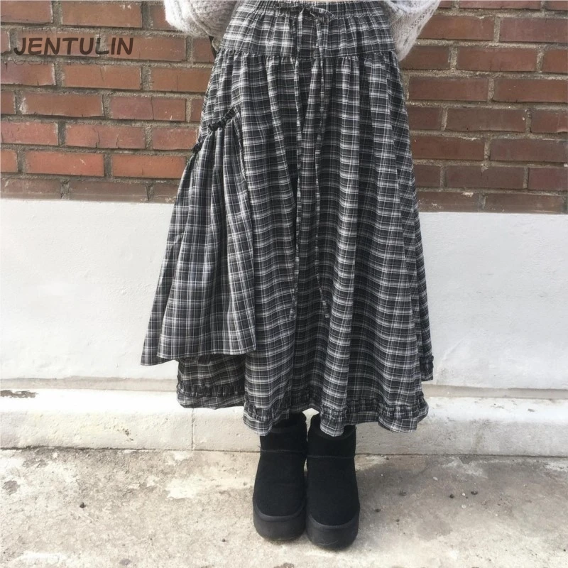 

Ретро-юбка А-силуэта в клетку с завязками, асимметричная, универсальная, для женщин, модный дизайн, весенний стиль для работы, корейская версия, многоярусная юбка-платье
