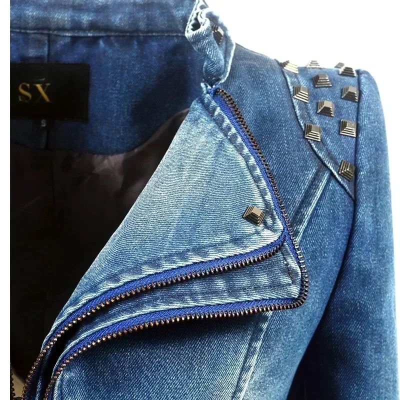 Punk Rivet Short Denim Slim Jackets Women Wash Long Sleeve Vintage Casual Studs Jean Outerwear Motorcycle Denim Coat Large Size