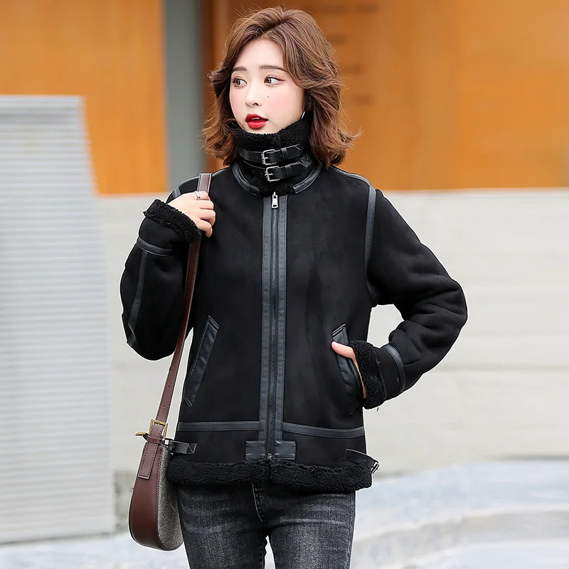 2023 Winter New Women Deerskin Fleece Jacket Femme Mid-Length Motorcycle Fur Coats Grain Fleece Lamb Wool Patchwork Outerwear