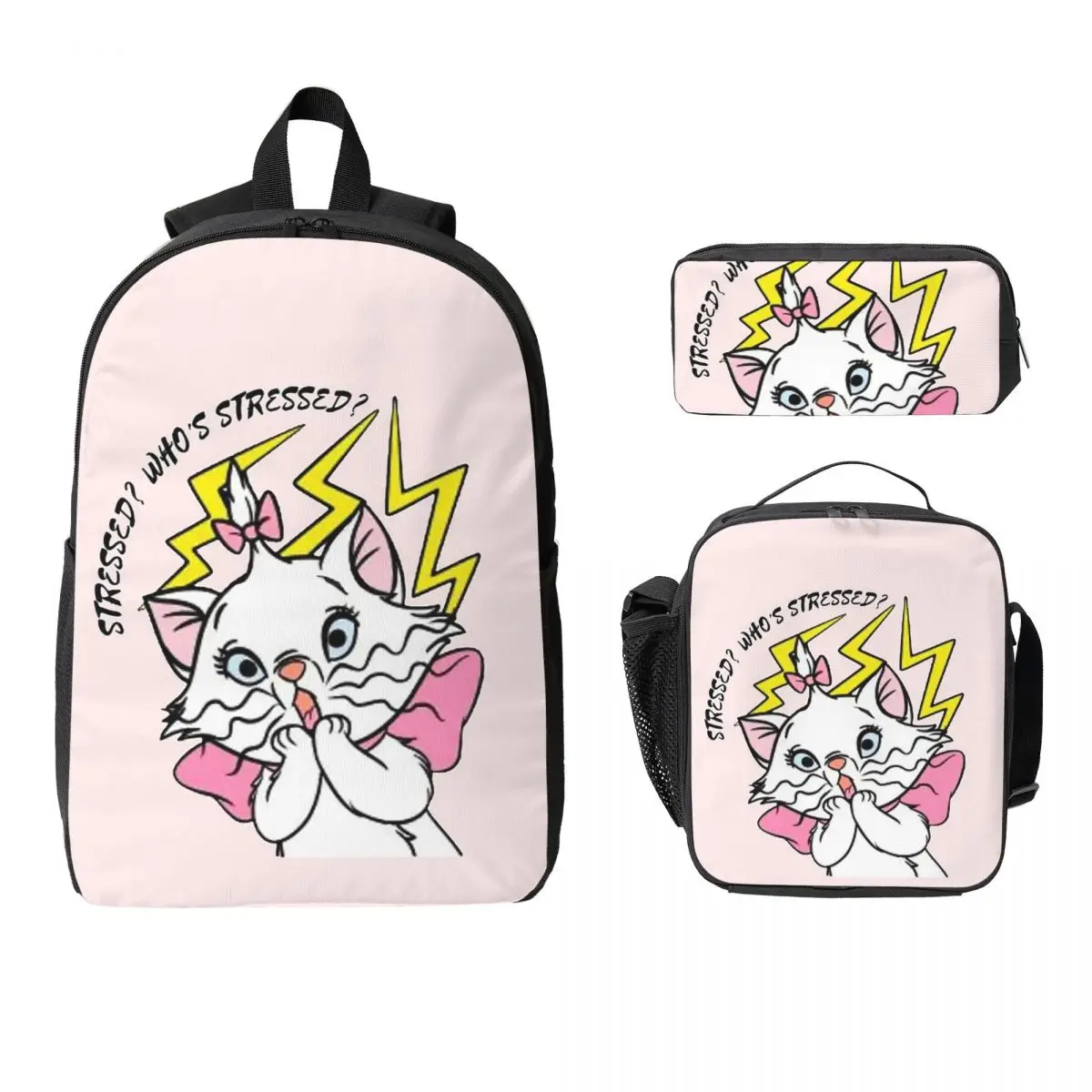 

Stressed Marie Cute Cat Stressed Out. Whos Stressed Backpack Boys Girls BookBag School Bag 3ps Insulated Lunch Bag Pencil Case