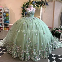 Angelsbride Sleeveless Sage Green Ball Gown Quinceanera Dresses 2025 With 3D Flora Brithday Party  Vestidos De 15 Años