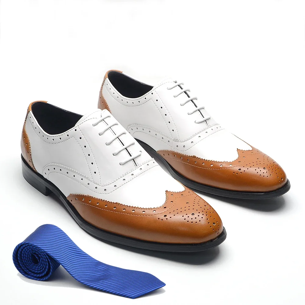 Luxury British Men's Dress Oxford Shoes Wingtip Yellow White Genuine Leather Lace Up Two Tone Wedding Party Brogue Footwear Male