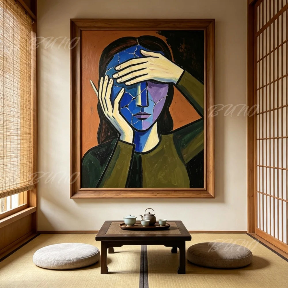 Hand Painted Oil Painting Picasso Style Cubist Abstract Cracked Face Portrait Canvas Wall Art Home Decor for Living Room Bedroom