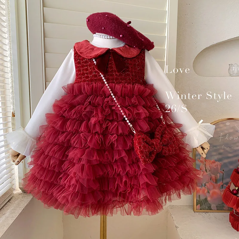 Girls' Dress 2026 Winter Bottom with Velvet Top Sleeveless Doll Neck with Velvet Mesh Dress Two Piece Set