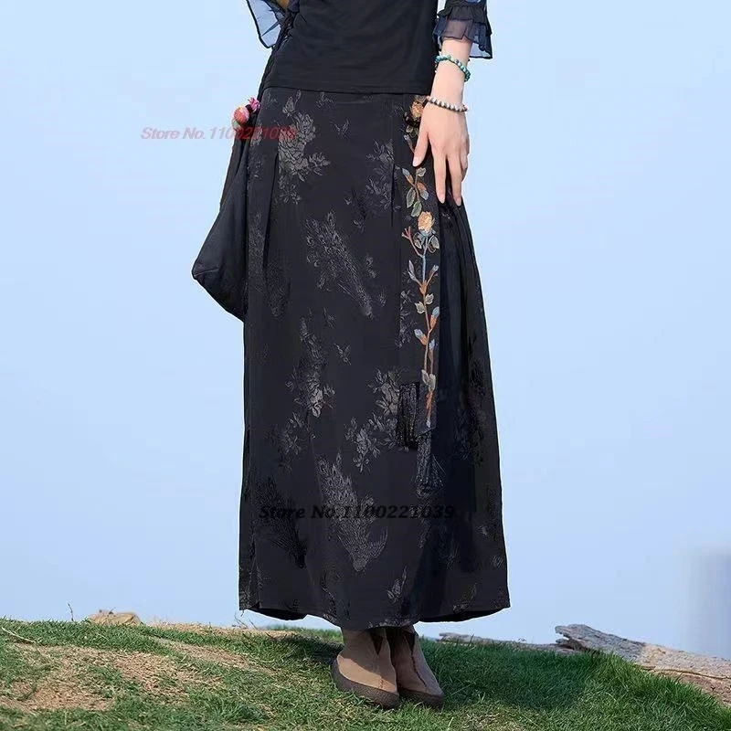 تنورة جاكار ساتان مطرزة بالزهور الصينية العتيقة لعام 2025 تنورة ميدي بخصر مطاطي تنورة فضفاضة شرقية عتيقة تنورة على شكل حرف a #2