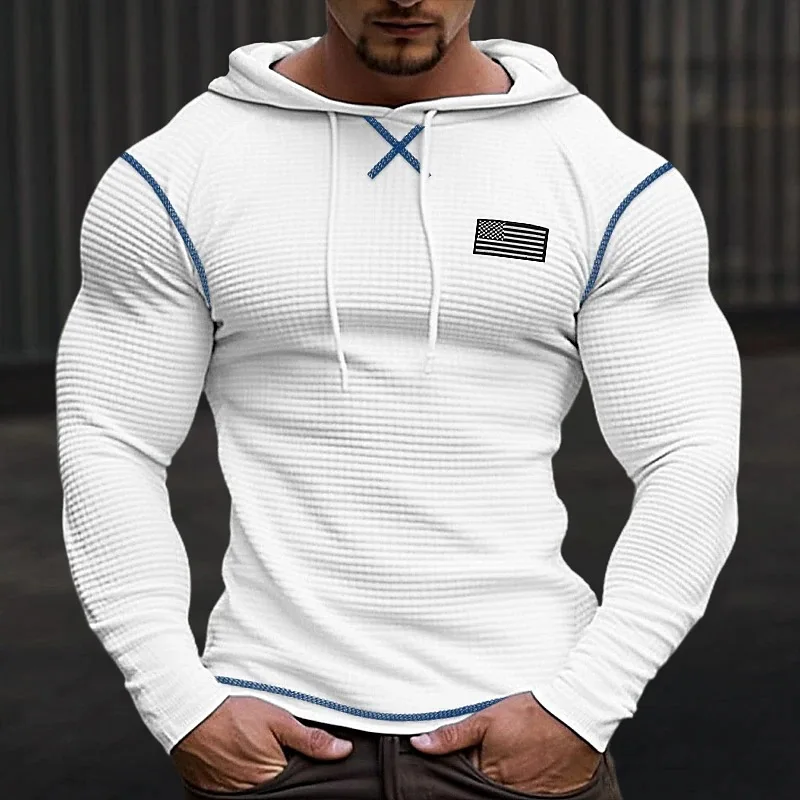 Spring and Autumn Men Waffle V-neck T-shirt Jacket Holiday Long Sleeve Leisure Fashion