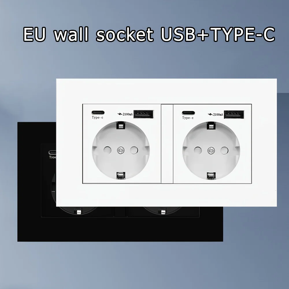 EU規格2.1A Type-C USBソケット、16A電源パネルダブルコンセント、AC 110～250V 146mm×86mmダブルフレーム高品質電源コンセント