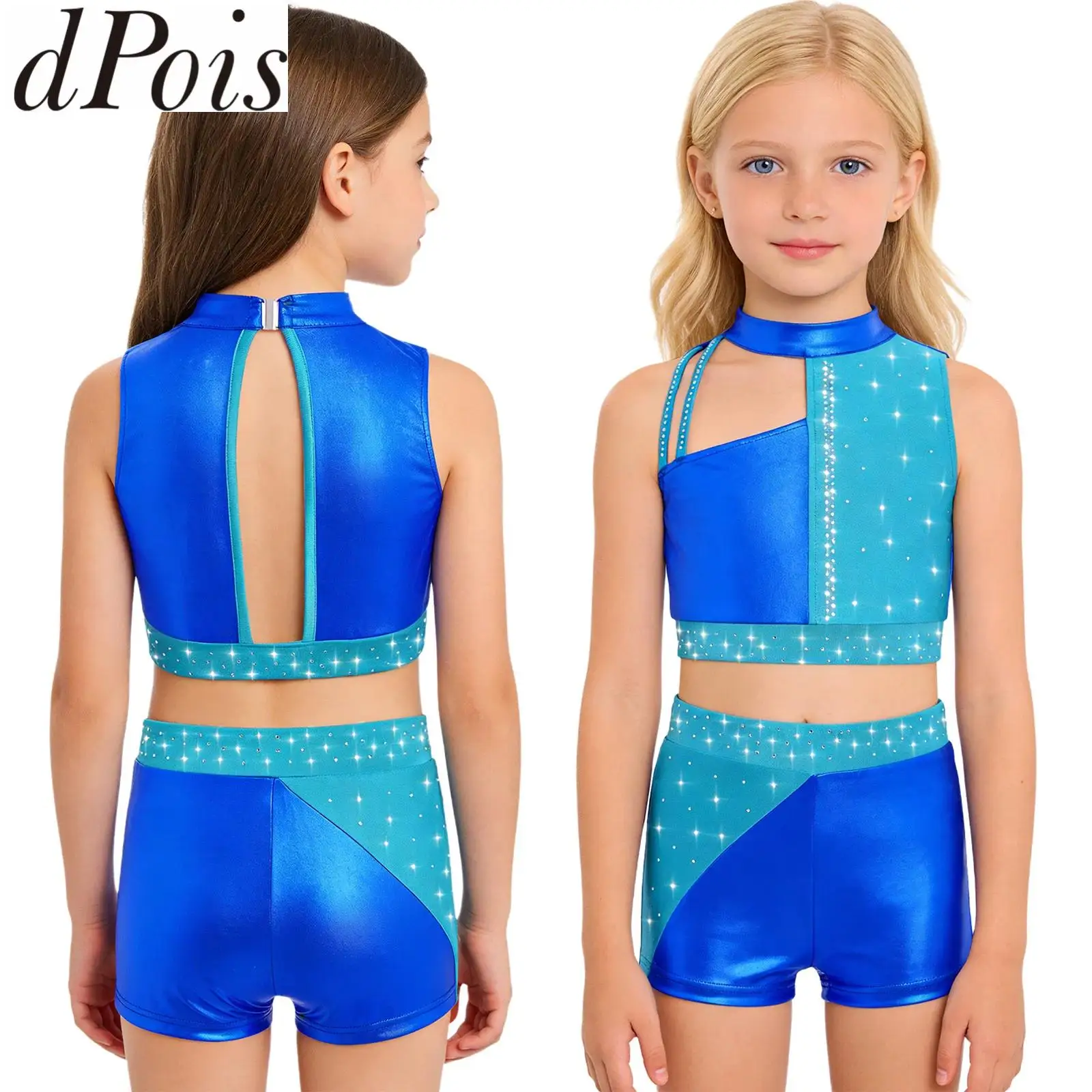 

Детский танцевальный костюм с блестящими стразами для девочек, современный джазовый балетный гимнастический купальник, укороченный топ с цветными блоками и шортами, комплект