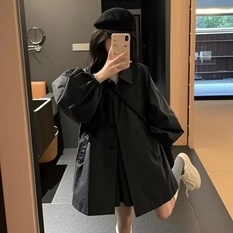 

Women's Khaki Loose Trench Coat Spring Autumn Lantern Sleeve Single Breasted Windbreaker Casual Mid-length Outerwear