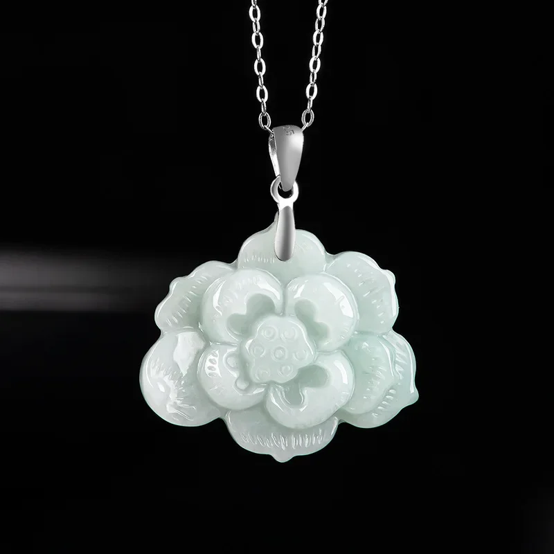 

Jia Le/Hand-Carved/Jade 925 Silver Inlay Lotus Lotus Emerald Necklace Pendant Fine Jewelry Men Women Accessories Amulet Gifts