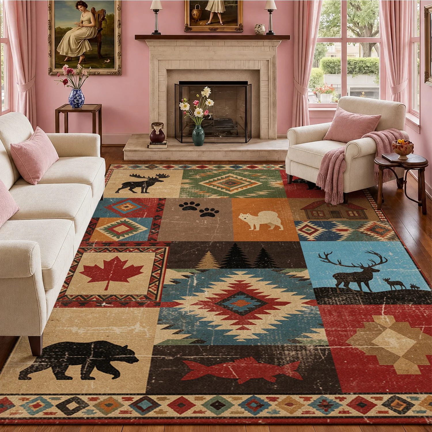 Rustic Wildlife Patchwork Area Rug with Bear Moose Maple Leaf Tribal Geometric Prints, Velvet, Machine Washable, Suitable for Living Room, Bedroom, Entryway, Cabin, Ideal for Halloween, Thanksgiving, Christmas, New Year, Black Friday, Cyber Monday