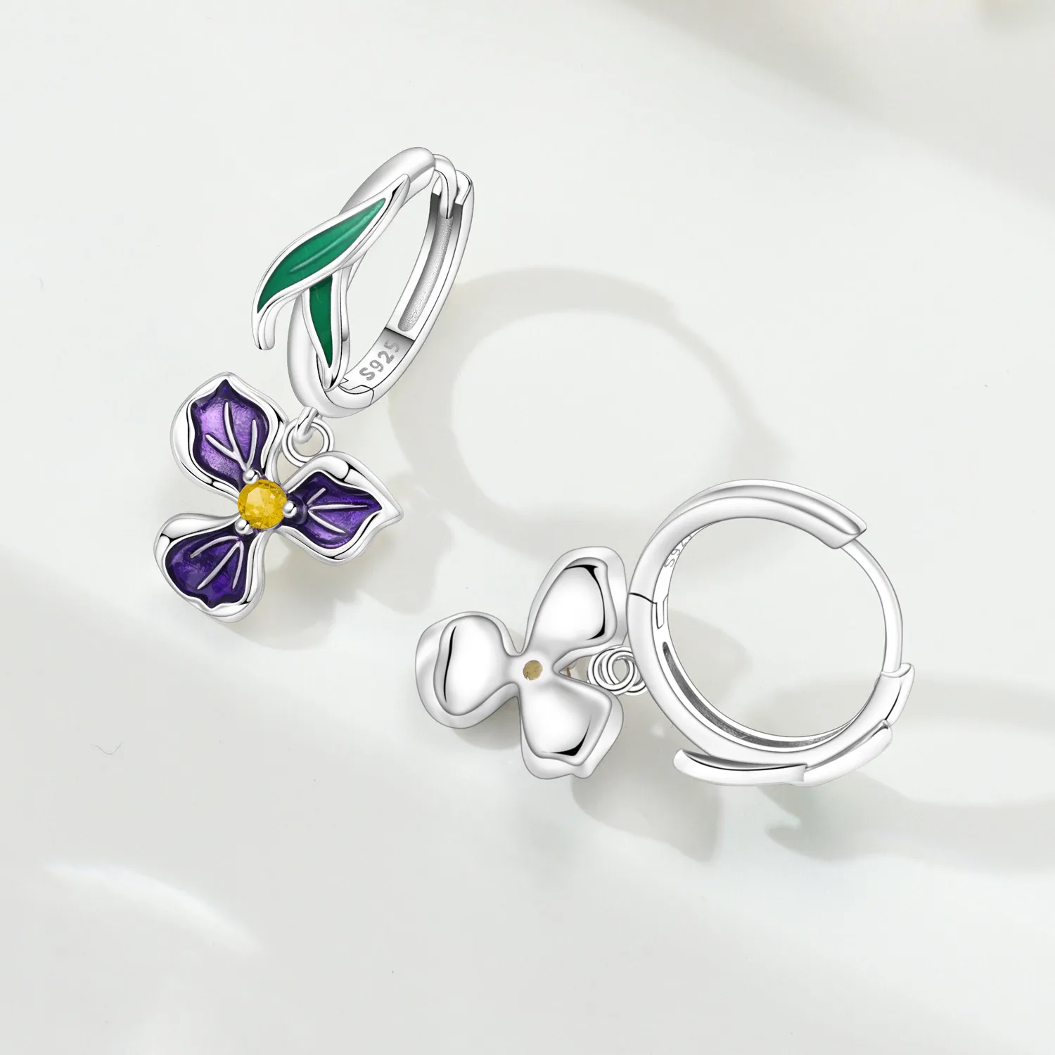 PANPOKI 925 Sterling Silver Purple Iris Flower Earring Key Lock Earrings Drop Earrings For Women Party Gifts Trendy Jewelry