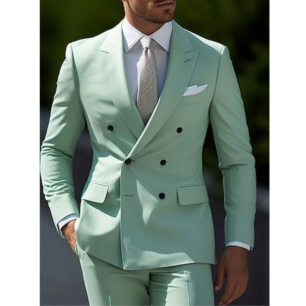 Green Men\'s Wedding Suits Solid Color 2 Piece Daily Plus Size Double Breasted Six-buttons Formal Business Suits