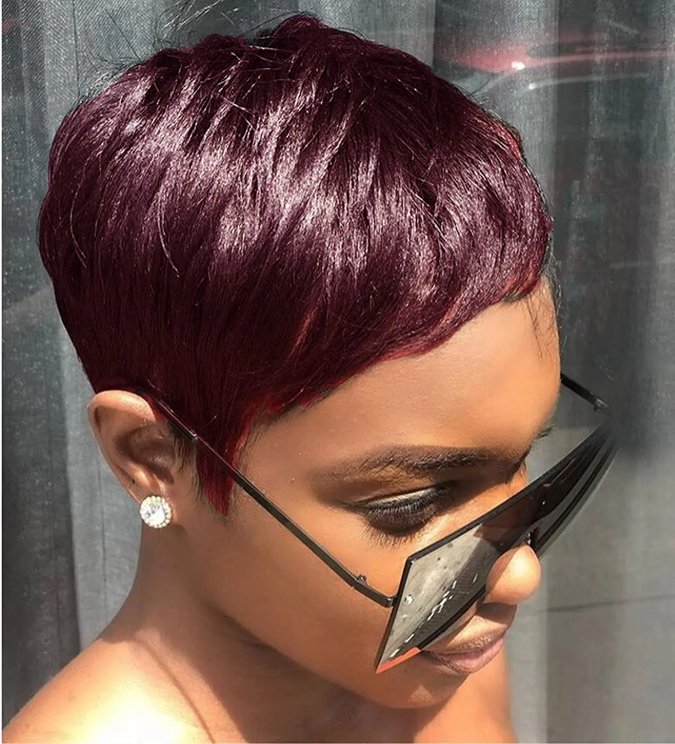 99j Color Dark Burgundy Red Human Hair Wigs for Women Short Pixie Cut Wigs with Bangs Layered Boy Cut Duby Wig Machine Made image 5