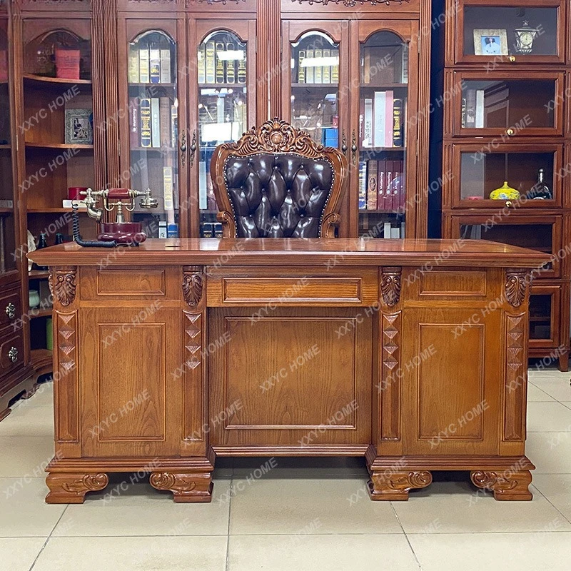 H  leather swivel chair, solid wood lounge chair, study room carved book chair