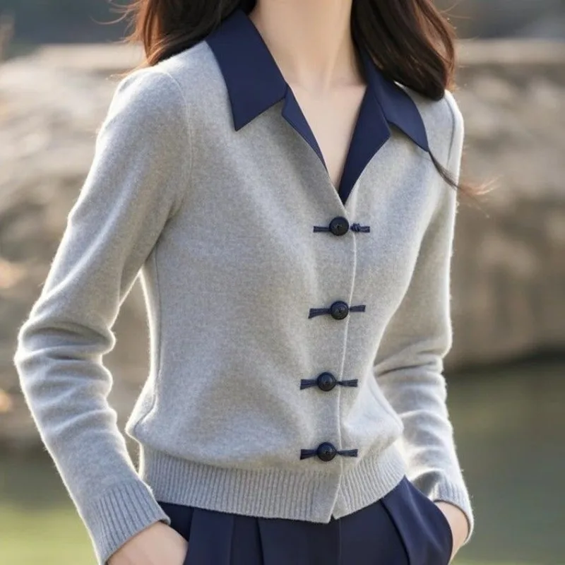 

Women's Autumn Winter Tops Sweater Cardigan Knit Splicing Lapel Buttons Skinny Slim Loose Casual Simple Design Versatile Niche