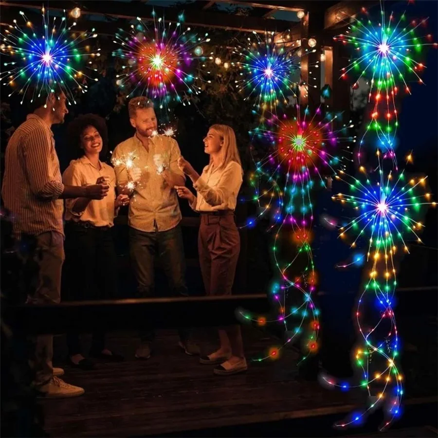 Impermeável LED Starburst Light com controle remoto, luz de fogo de artifício, guirlanda a pilhas, fada corda luz para jardim, decoração de Natal, 8 modos