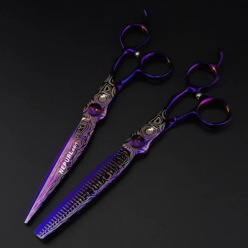 

Upscale hair scissors, cutting barber tools, haircut thinning shears, 7 inches purple Damascus scissor