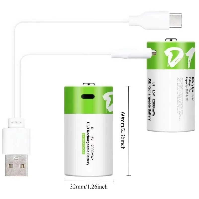D Size 1.5V Rechargeable Lithium Battery 12000mWh with Type-C Charging Cable for Flashlight Gas Stove Water Heater