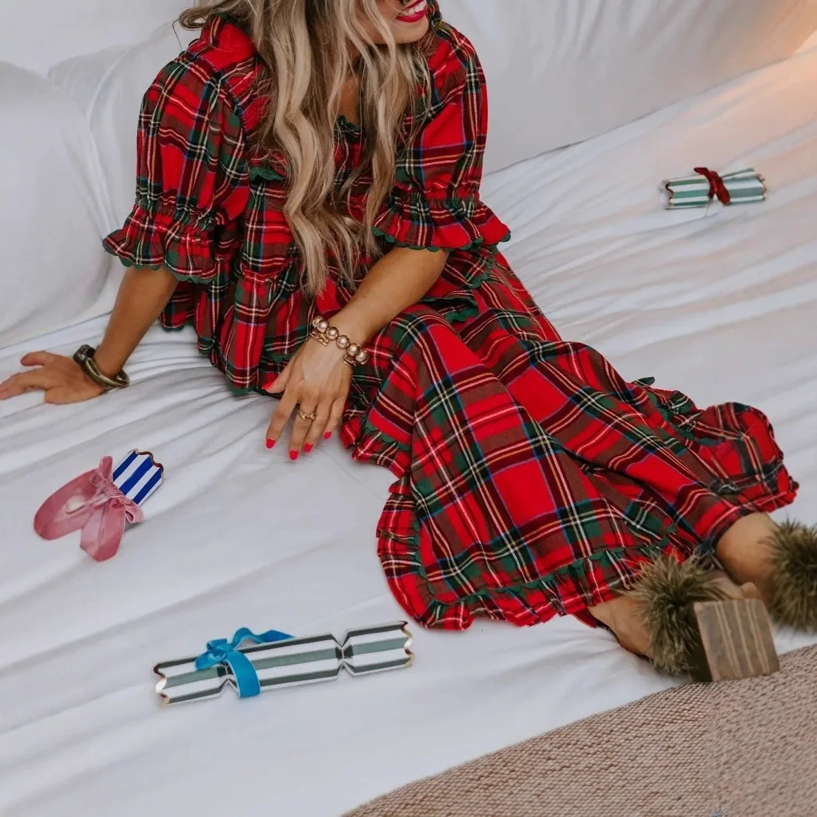 Green Christmas Pajamas Couple Pajama Set Simple Plaid Sleepwear Autumn Winter Women Pyjamas Suit Long Sleeve Loungewear