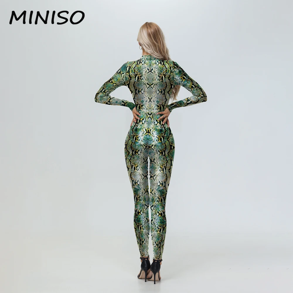 MINISO Erwachsene Cosplay Tier Schlange Muster Sexy Frauen Halloween Party Zentai Bodysuit Dress Up Performing Overall Kostüm