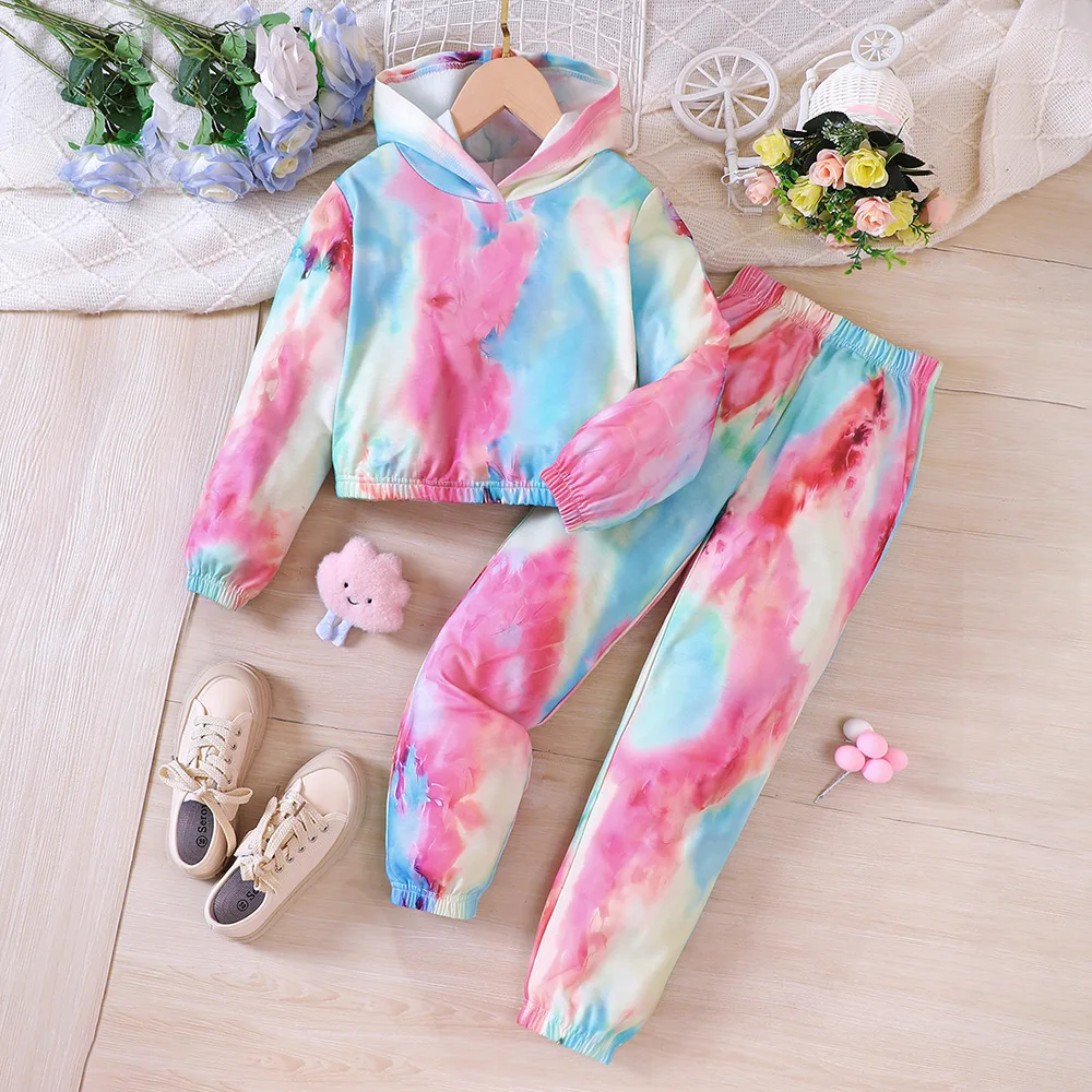 2023 New Girls Dress Long Sleeve Hooded Tie-dye Pink Cute Designer Girls Princess Dress Vestido 8-12T