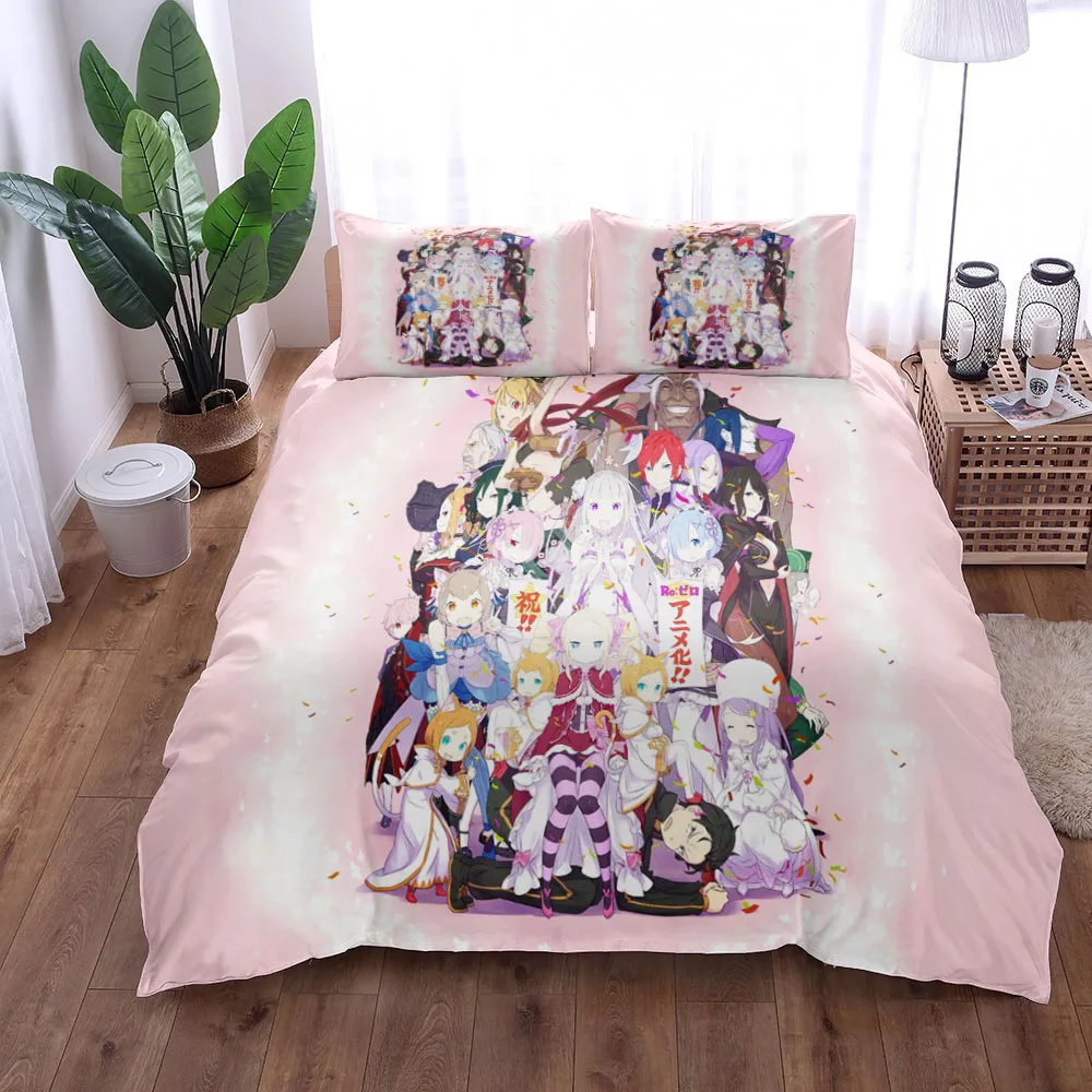 Emilia Subaru Natsuki Rem Pink Duvet Cover Set Without Sheet King Queen Double Full Twin Single Size Bed Linen Set