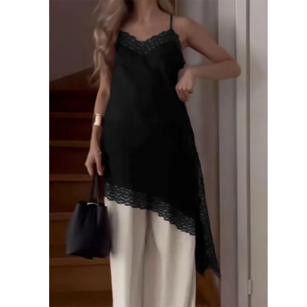 Sexy Satin Lace Splicing Sling Dress for Women Elegant Irregular Hem V Neck Sleeveless Backless Lady Chic Party Club Vestidos