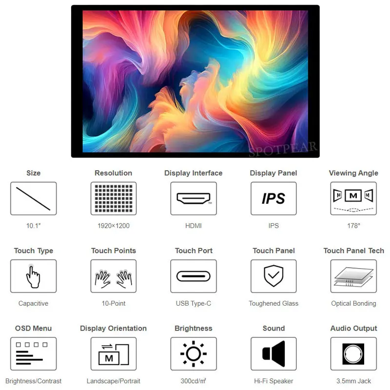 Raspberry Pi 10.1 inch LCD HDM Display Capacitive TouchScreen 1920x1200Pixels Hi-Fi Speaker  For Jetson Nano/mini Computer PC