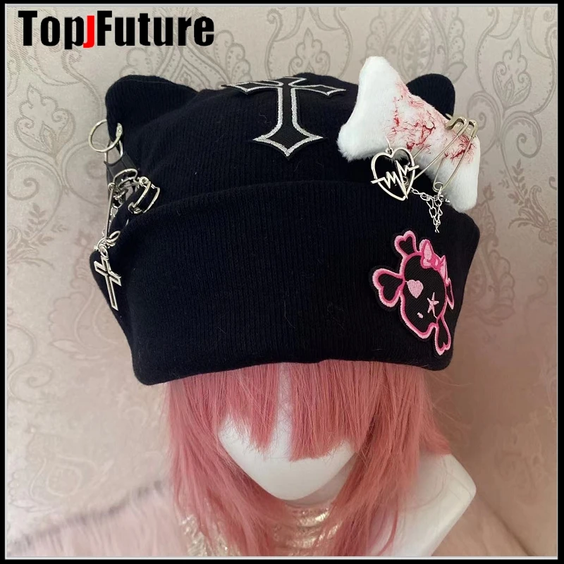 Harajuku Gothic Lolita Cat Ear Hat Women Punk  Cross Chain Subculture Spice Girl Beanie Hat Female Y2K Girls Accessories Cap