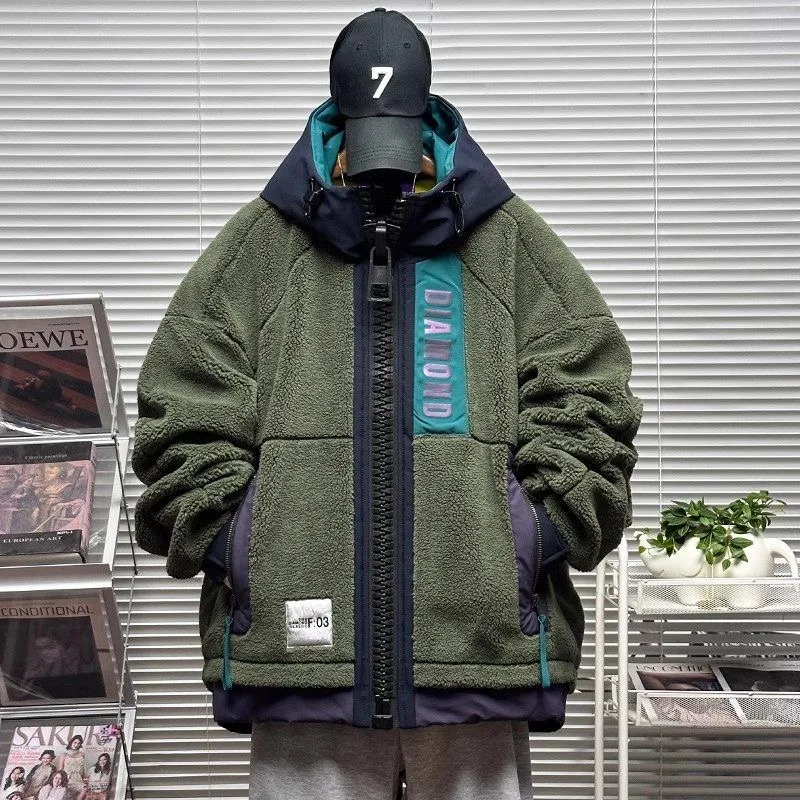 

Men's Loose Fashion Oversized Hooded Sheepskin Coat, Thickened Warmth for Autumn and Winter High-Quality Plus-Size Sporty Jacket