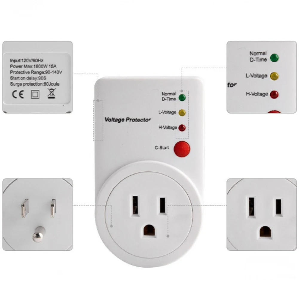 

US/EU Plug Voltage and Surge Protector for Refrigerator Single Outlet 15A 1800W Over and Under Voltage/Short Circuit Protector