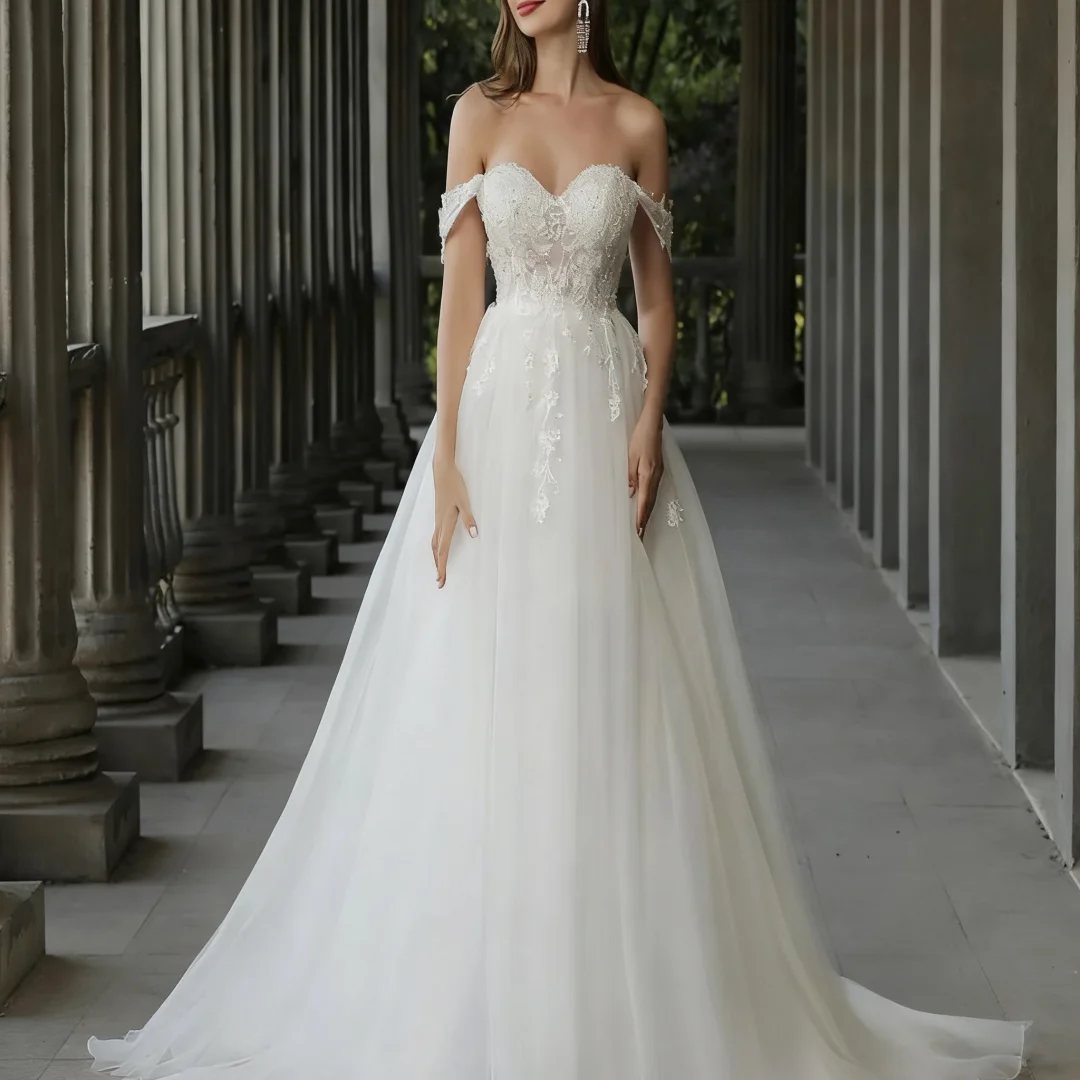 Abiti da sposa eleganti personalizzati con scollo a cuore Una linea con spalle scoperte Abiti da festa formali da sposa in pizzo