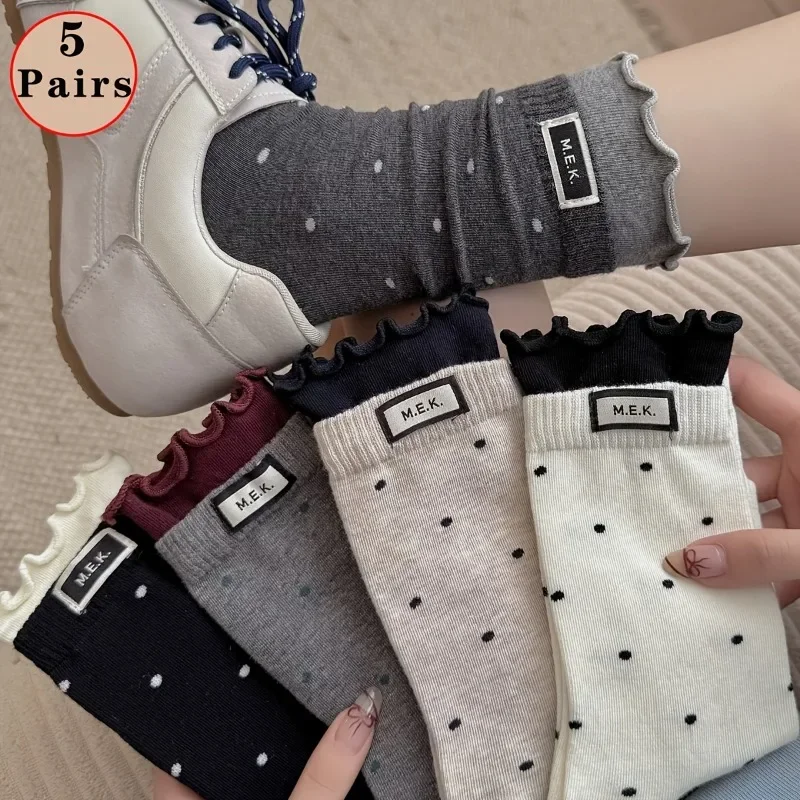 5 Pairs Mek Autumn/Winter Polka Dot Versatile Lace English Fabric Label Design Simple Casual Boneless Slouch Socks