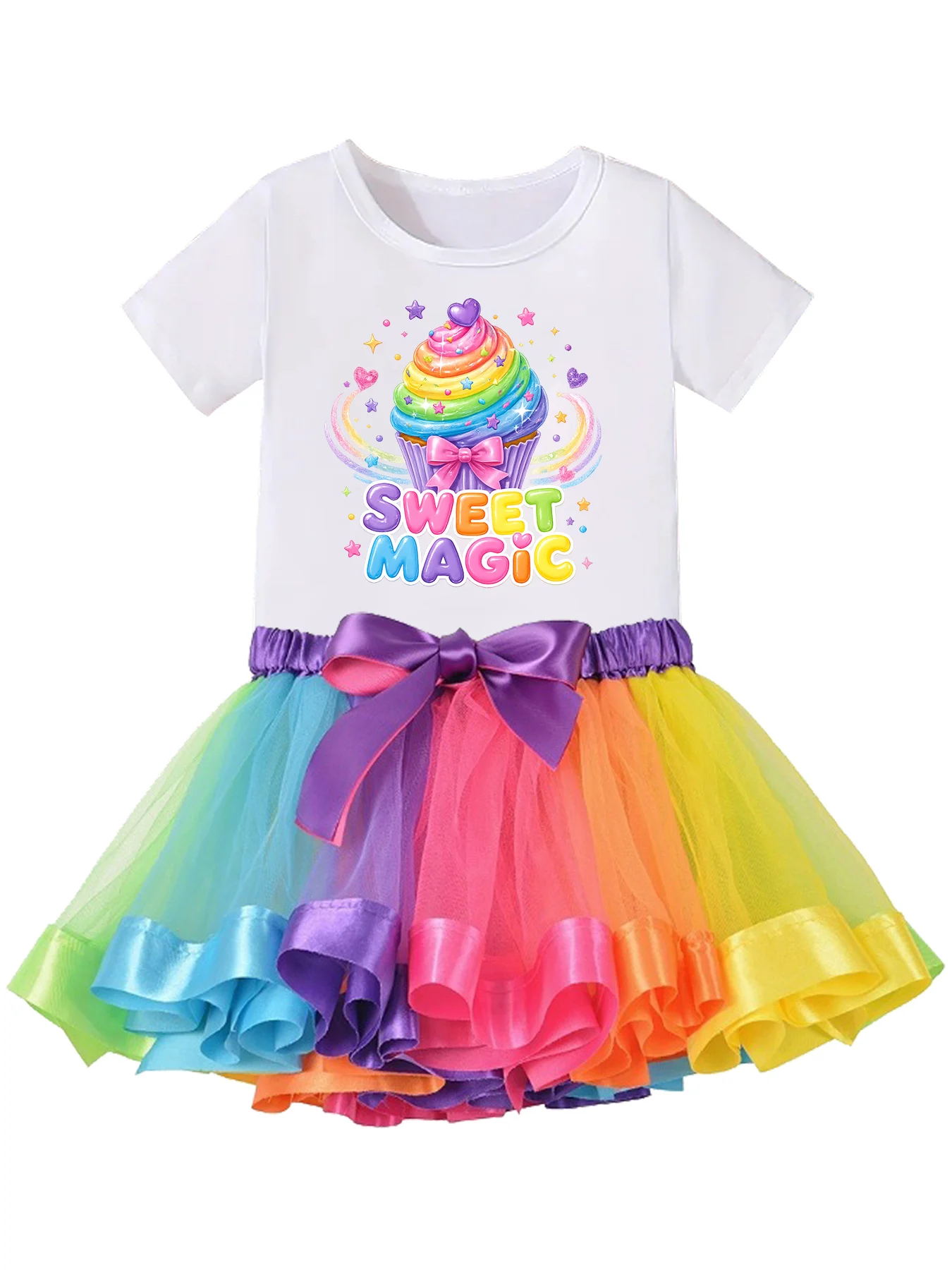 Kids Girls Rainbow Tutu Skirt 2 Piece Set Sweet Magic Cupcake Graphic T-shirt Baby Girl Summer Party Dance Clothes With Bow