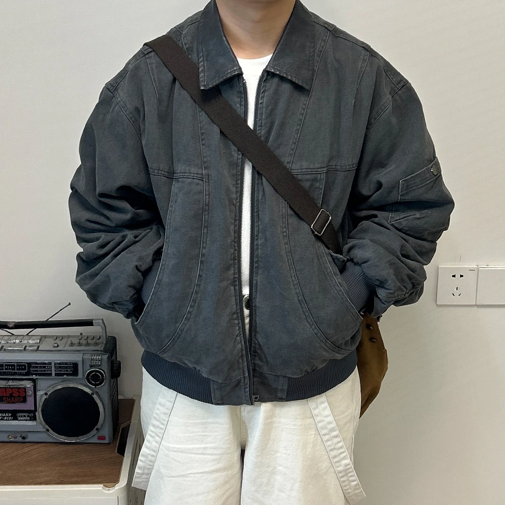 

Мужская рабочая одежда в стиле ретро, плиссированные пефы, свободный повседневный кожаный лоскутный воротник, застежка-молния, ветрозащитный хлопок