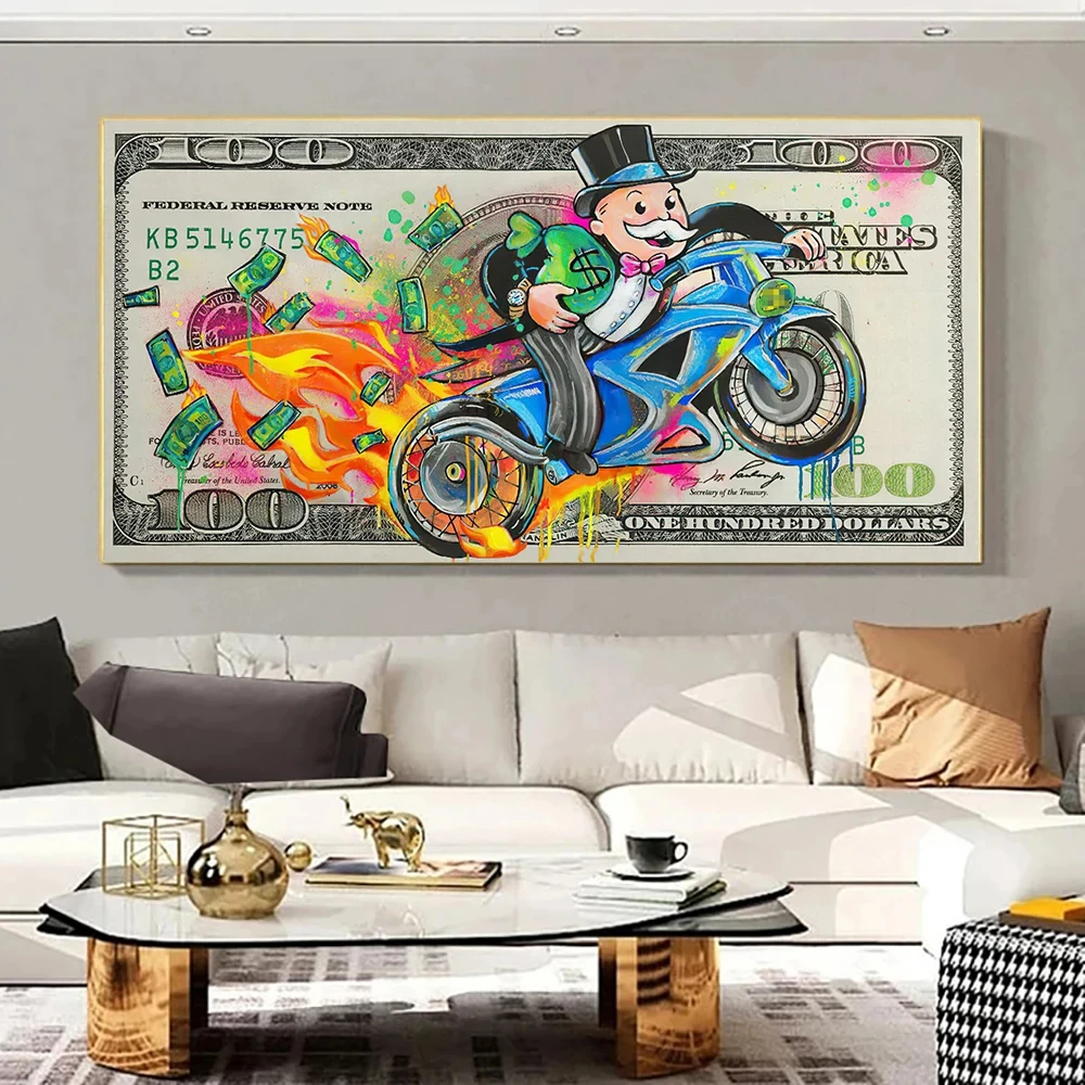 

Graffiti Alec Monopoly Cartoon Picture On Canvas Abstract Rich Man Colorful Art Print 100 Dollar Bill Poster Painting Home Decor