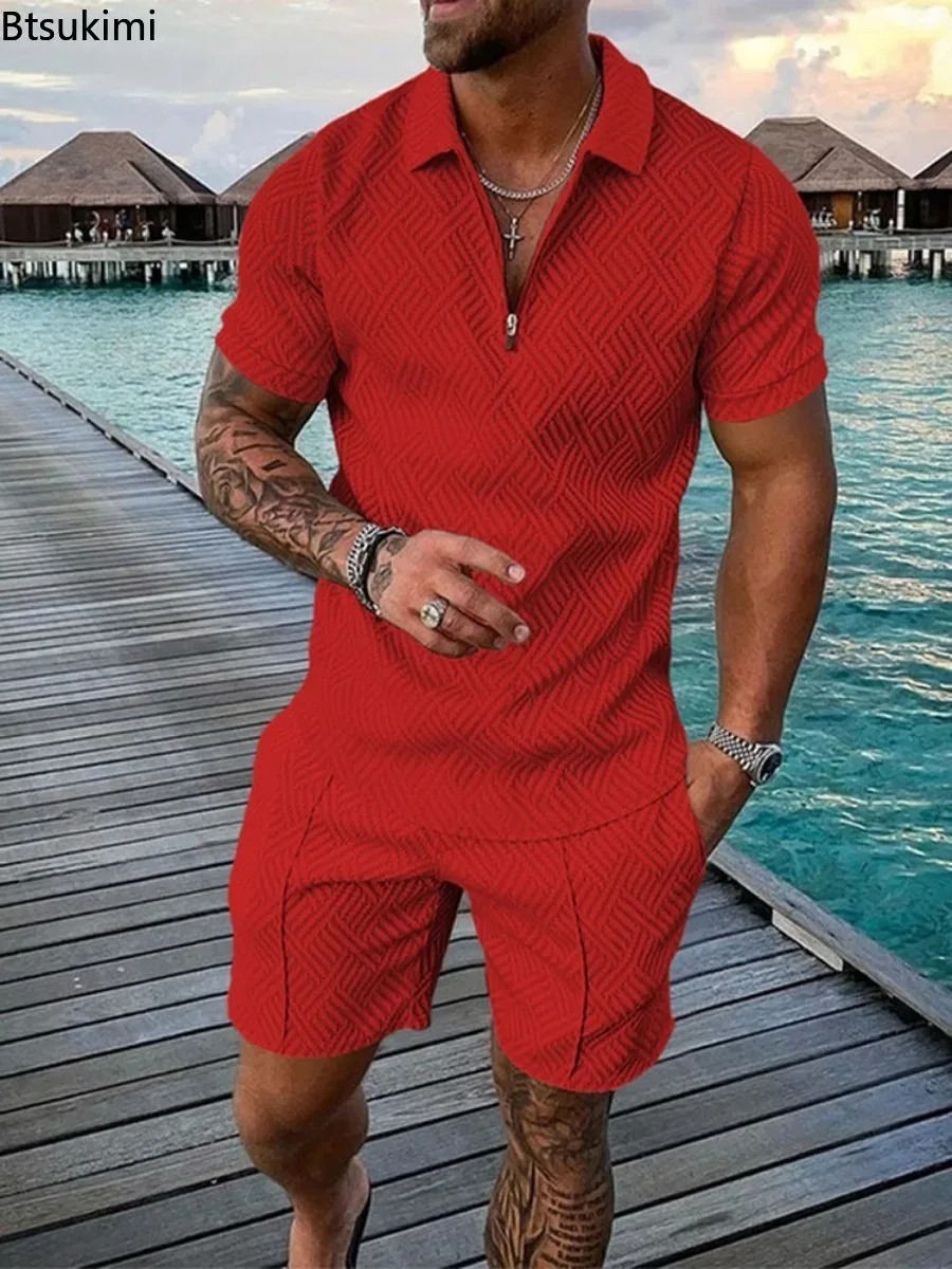 Summer Men Clothing Casual Loose Two-piece Sets Printing Solid Color Half Zipper Polo Shirt and Shorts Men's Sport Suits Sets