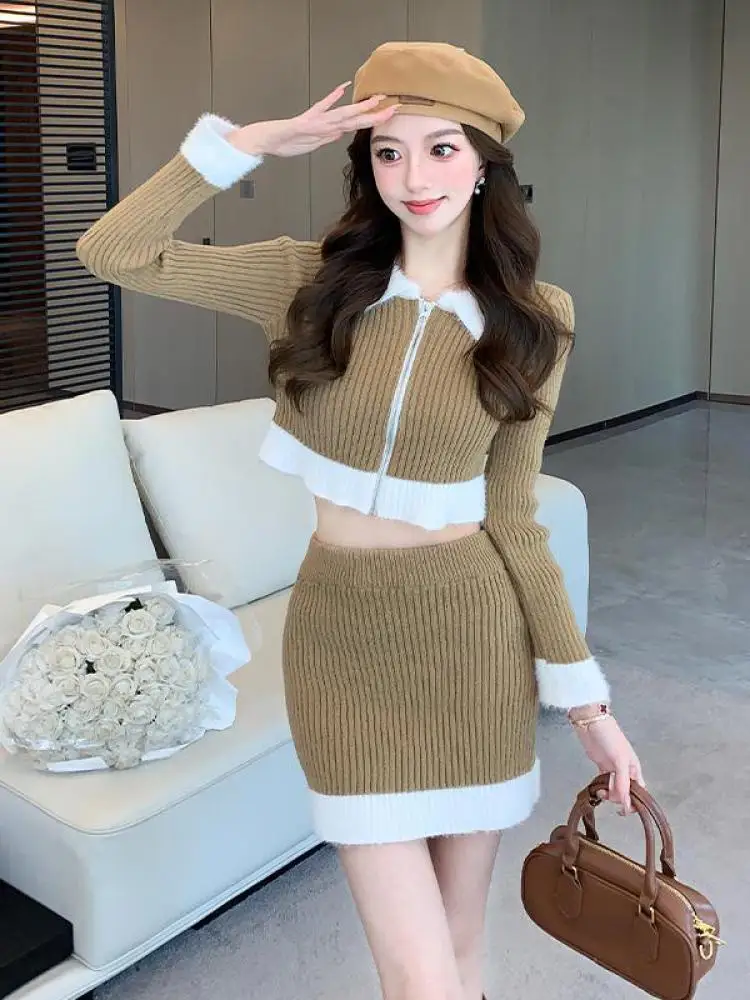 

Korean Khaki Patchwork Knitted Two Piece Set Women Zipper Short Cardigan Sweater And High Waisted Mini A Line Skirt Suits Autumn