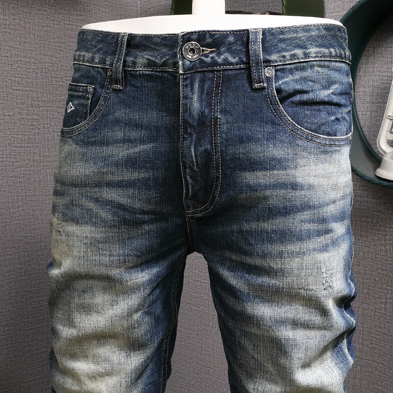Fashion Designer Men Jeans High Quality Retro Blue Washed Elastic Slim Fit Ripped Jeans Men European Vintage Denim Pants Hombre