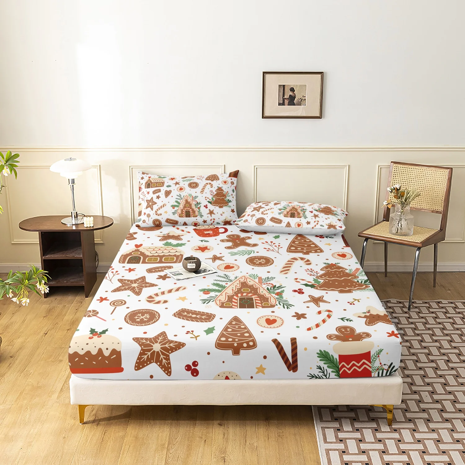  3 Pieces Cute Gingerbread Christmas Print Fitted Sheet Set, Cookie House Candy Cane Xmas Tree Printed Bedding