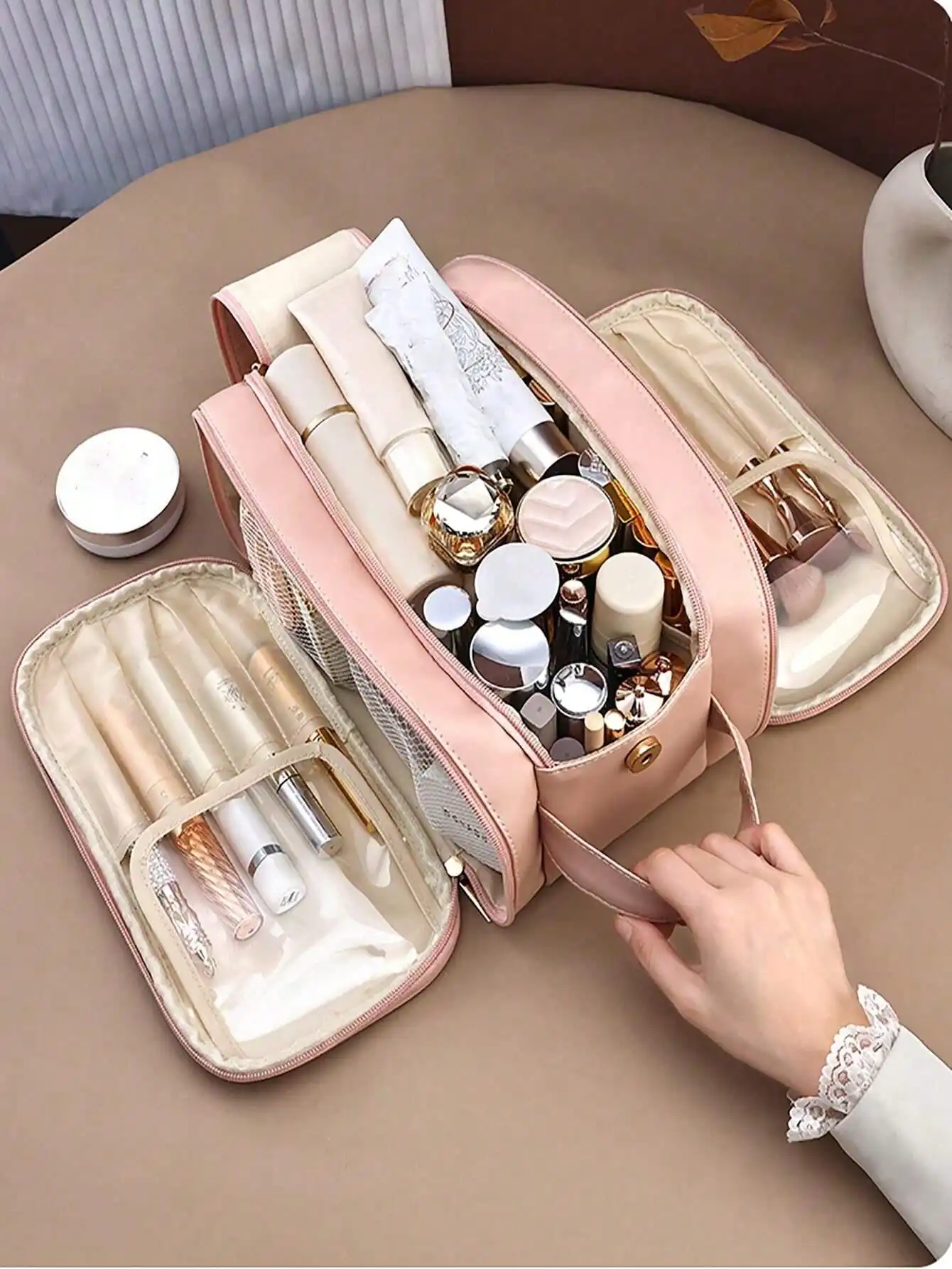 حقيبة مكياج متعددة الوظائف من جلد البولي يوريثان مقاومة للماء باللون الوردي بطبقة مزدوجة وسعة كبيرة ومحمولة للسفر وحقيبة مستحضرات التجميل #2
