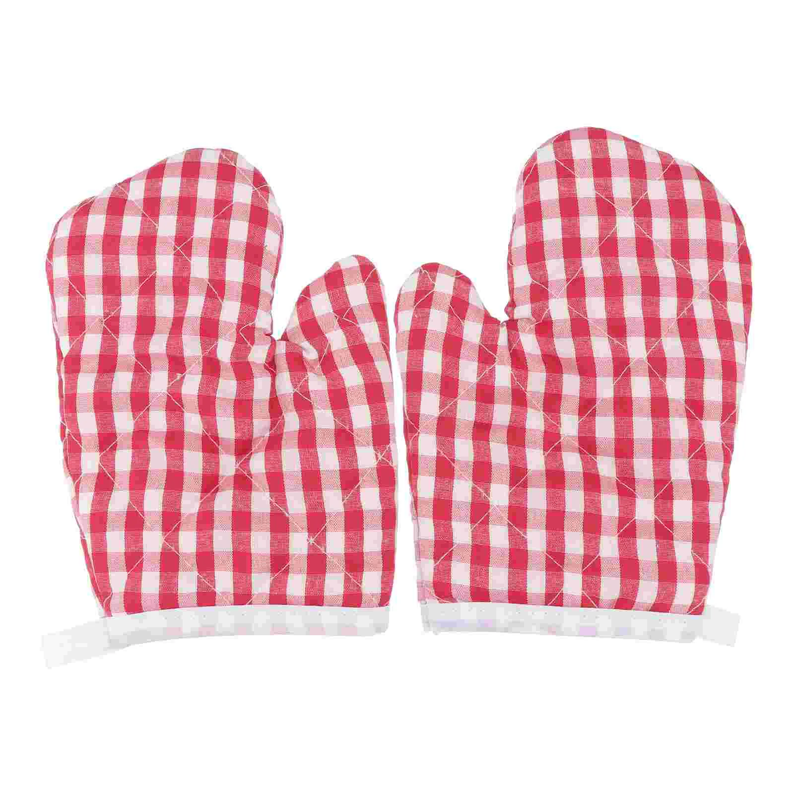 2 Pcs Insulation Gloves Kids Red Checked Oven Mitts Mittens Kitchen Baking Heat-resistant Microwave