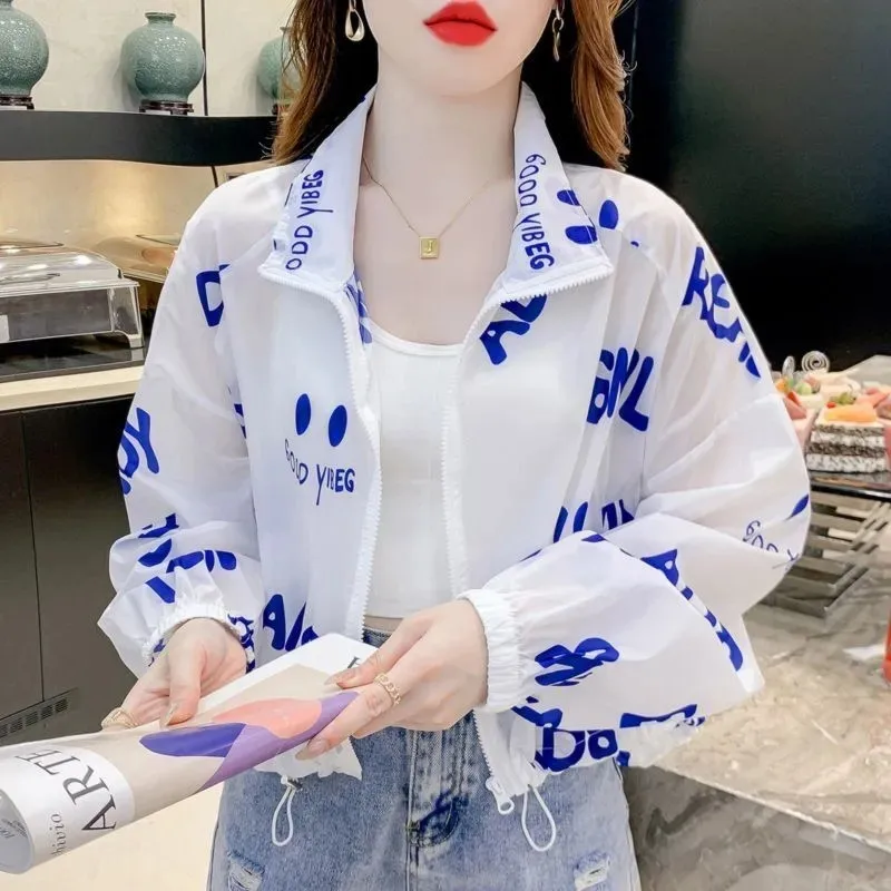 Letter Printed Sun Protection Clothing 2024 New Long Sleeved Short Shirt Tops Coat Women Fashion Chiffon Outerwear Female