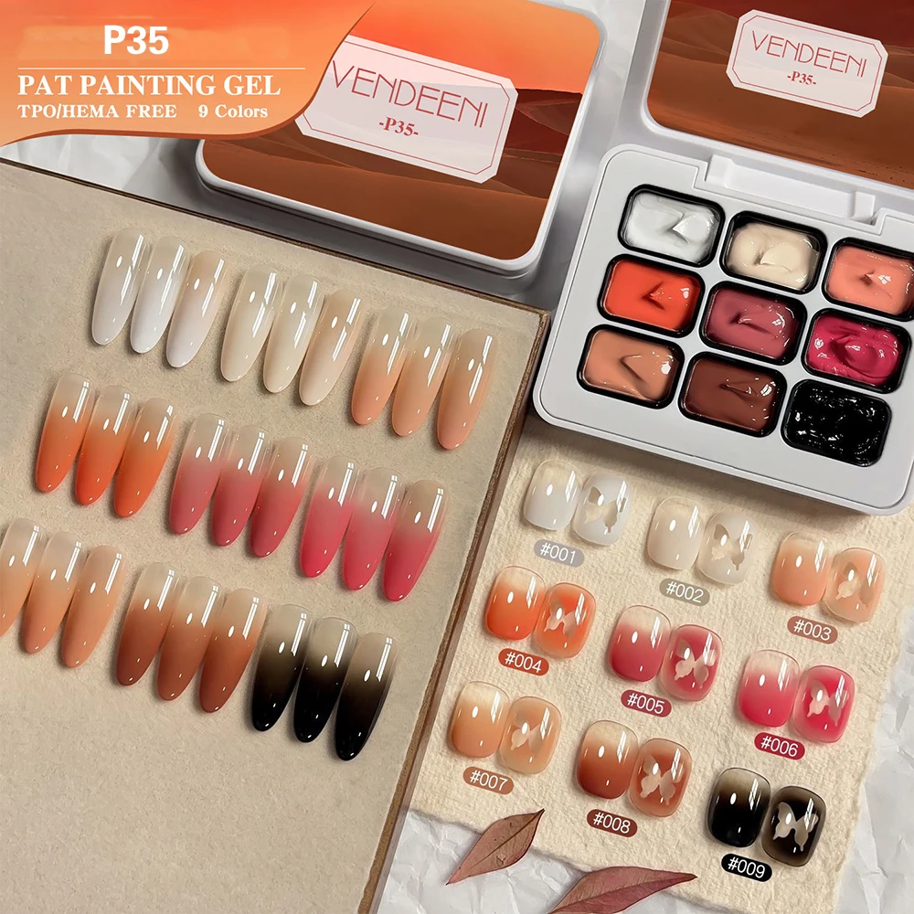 Vendeeni 9 Grid Summer Rainbow Patting Painting Crystal Gel Nail Polish UV Soak Off Red Green Gradient Pat Gel Lacquer Palette